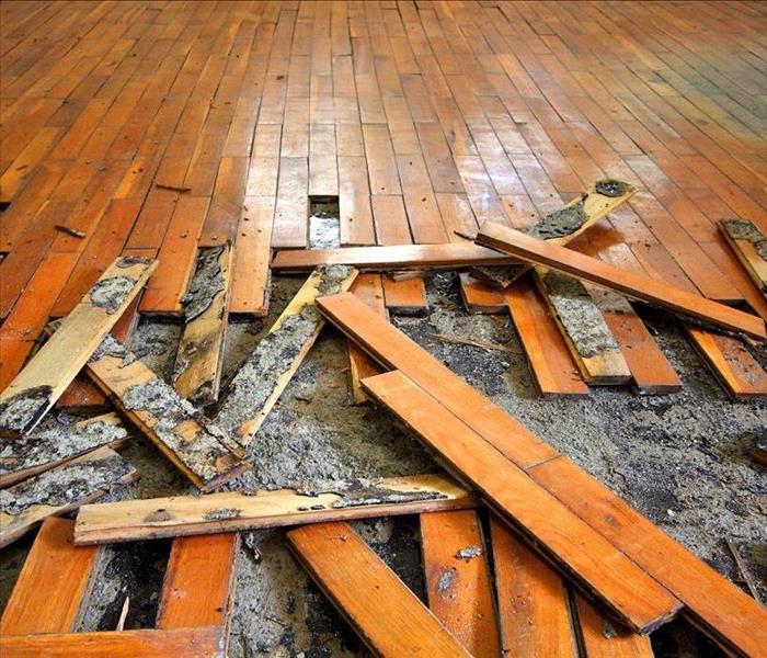 wood flooring damaged by water, pieces of floor removed